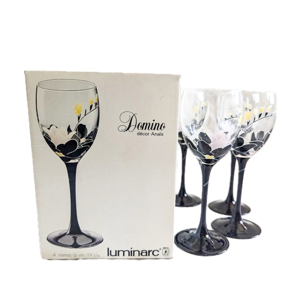 4 vintage luminarc 6.5 oz wine glasses 80s floral motif black stem with box